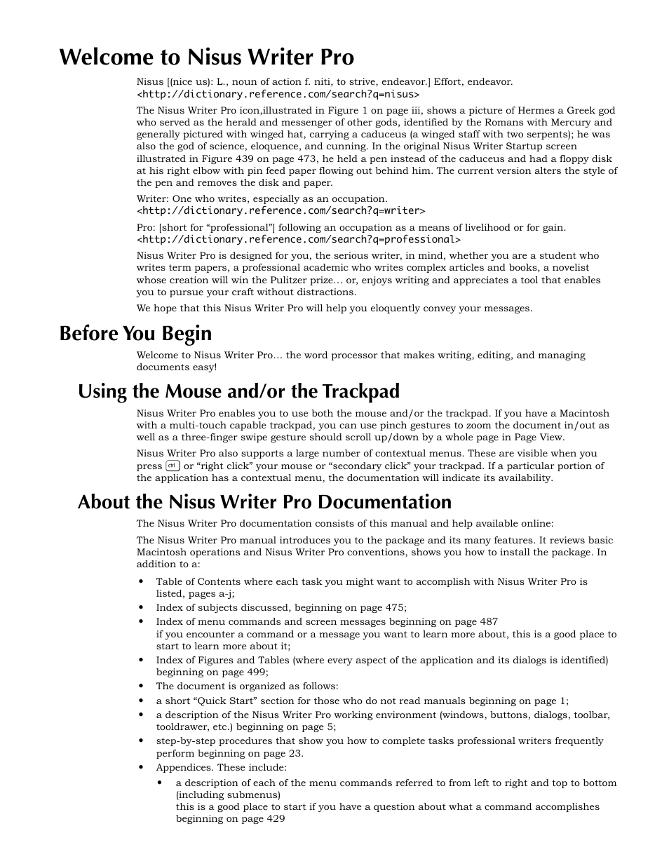 Welcome to nisus writer pro, Before you begin, Using the mouse and/or the trackpad | About the nisus writer pro documentation | Nisus Writer Pro User Manual | Page 15 / 525