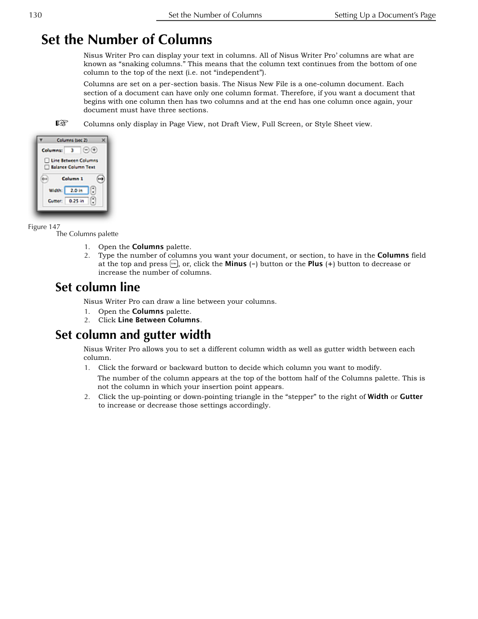 Set the number of columns, Set column line, Set column and gutter width | Nisus Writer Pro User Manual | Page 150 / 525