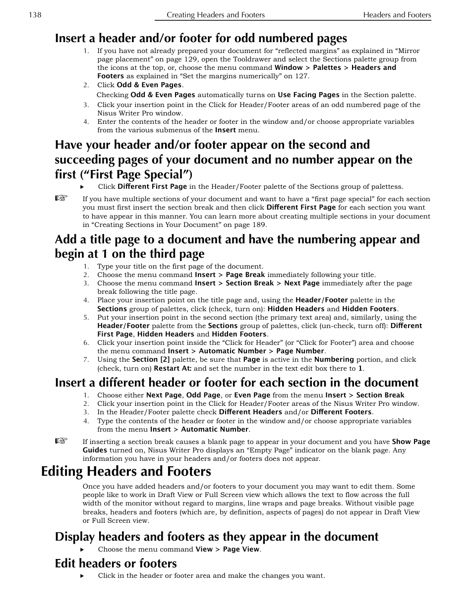 Editing headers and footers, Edit headers or footers, Special”) | In the document, Document, 138, and | Nisus Writer Pro User Manual | Page 158 / 525