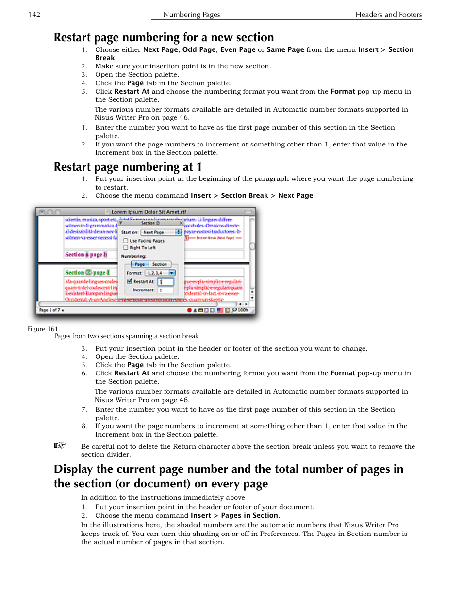 Restart page numbering at 1 | Nisus Writer Pro User Manual | Page 162 / 525