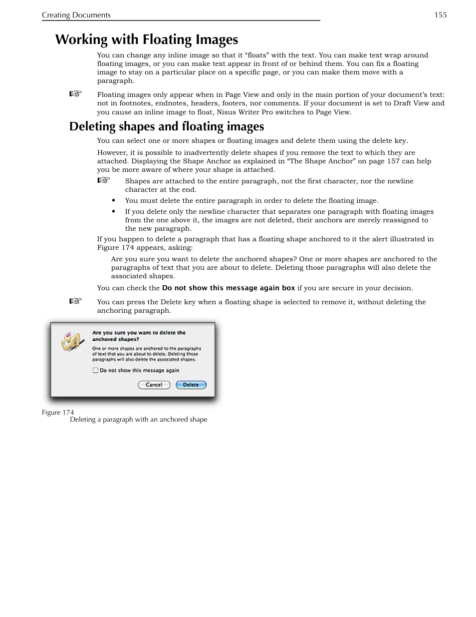 Working with floating images, Deleting shapes and floating images | Nisus Writer Pro User Manual | Page 175 / 525