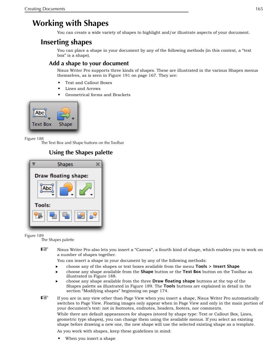Working with shapes, Inserting shapes, Add a shape to your document | Using the shapes palette, Ge 165 | Nisus Writer Pro User Manual | Page 185 / 525
