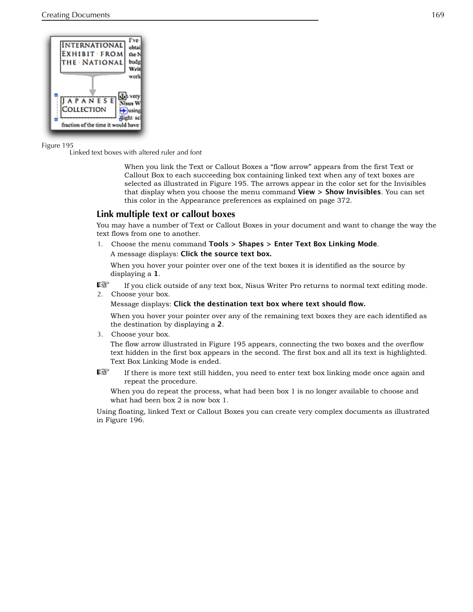 Link multiple text or callout boxes | Nisus Writer Pro User Manual | Page 189 / 525