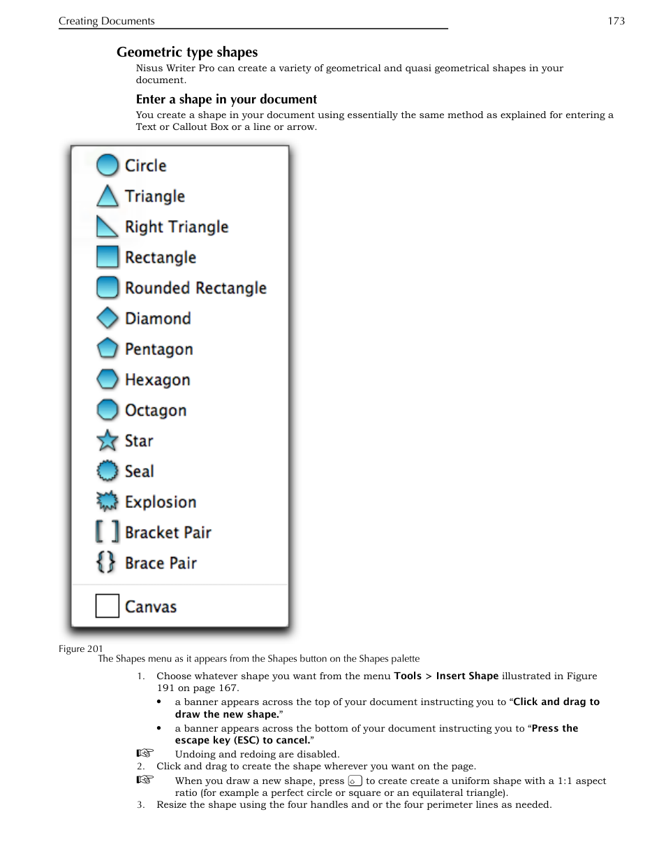 Geometric type shapes, Enter a shape in your document | Nisus Writer Pro User Manual | Page 193 / 525