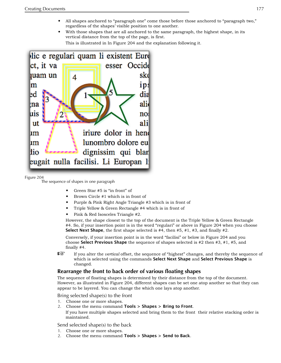 Bring selected shape(s) to the front, Send selected shape(s) to the back, Shapes | Nisus Writer Pro User Manual | Page 197 / 525