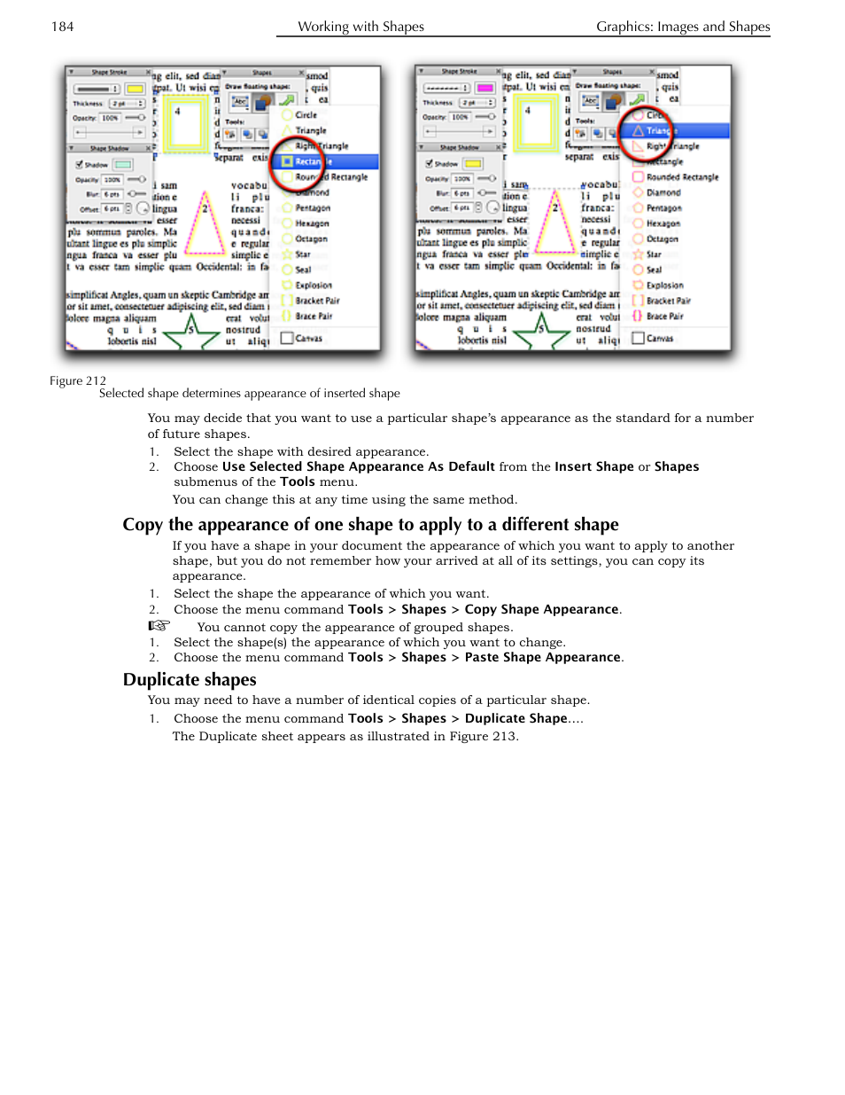 Duplicate shapes, Different shape | Nisus Writer Pro User Manual | Page 204 / 525