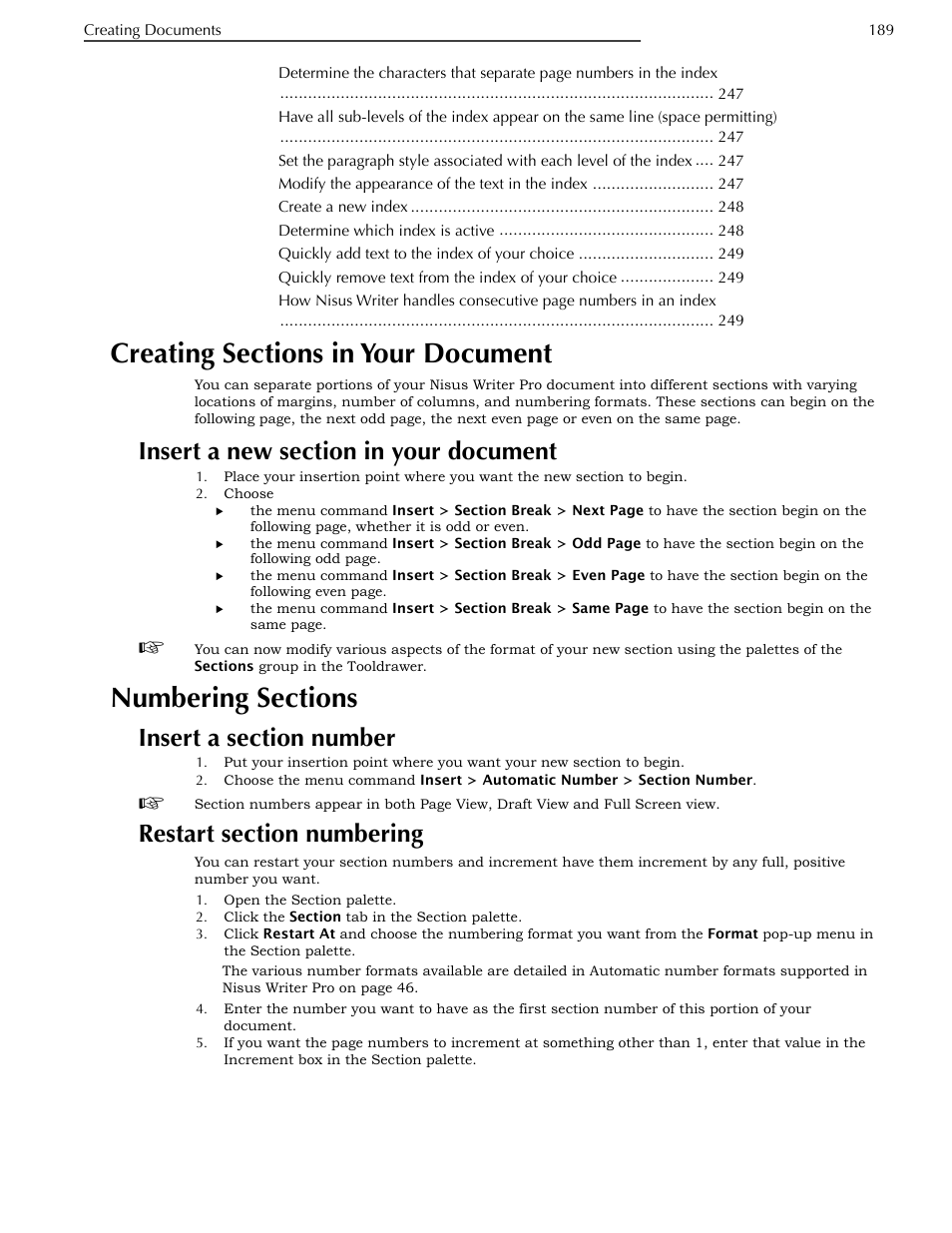 Creating sections in your document, Insert a new section in your document, Numbering sections | Insert a section number, Restart section numbering, In “creating sections in your document | Nisus Writer Pro User Manual | Page 209 / 525