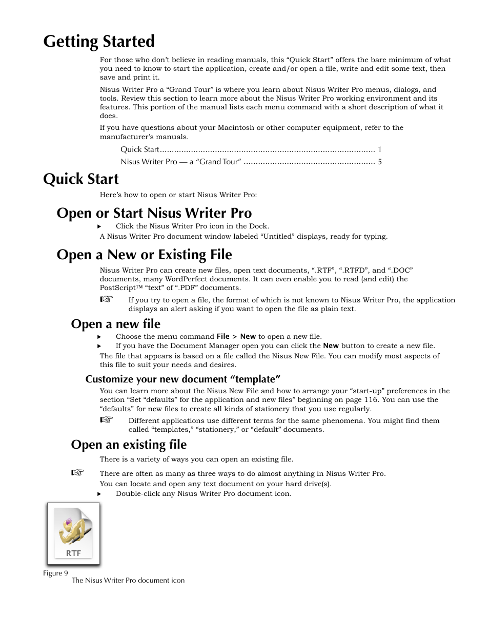 Open or start nisus writer pro, Getting started, Quick start | Open a new or existing file, Open a new file, Customize your new document “template, Open an existing file, Ge 1 | Nisus Writer Pro User Manual | Page 21 / 525