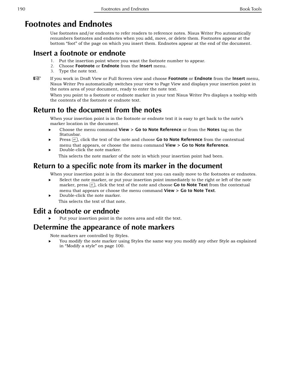 Footnotes and endnotes, Insert a footnote or endnote, Return to the document from the notes | Edit a footnote or endnote, Determine the appearance of note markers, Document | Nisus Writer Pro User Manual | Page 210 / 525