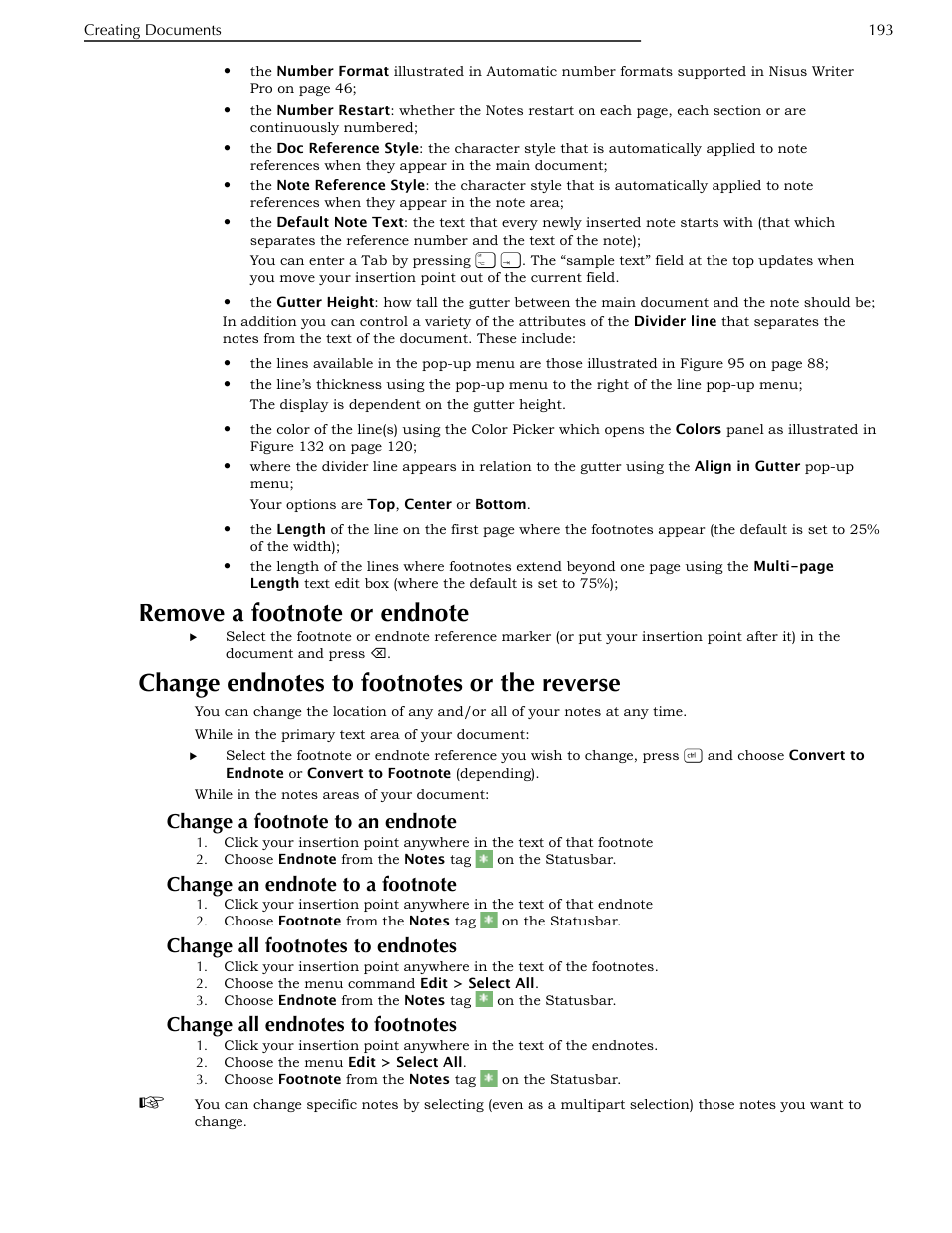 Remove a footnote or endnote, Change endnotes to footnotes or the reverse, Change a footnote to an endnote | Change an endnote to a footnote, Change all footnotes to endnotes, Change all endnotes to footnotes, Change endnotes to footnotes or the reverse 193, Remove a footnote | Nisus Writer Pro User Manual | Page 213 / 525
