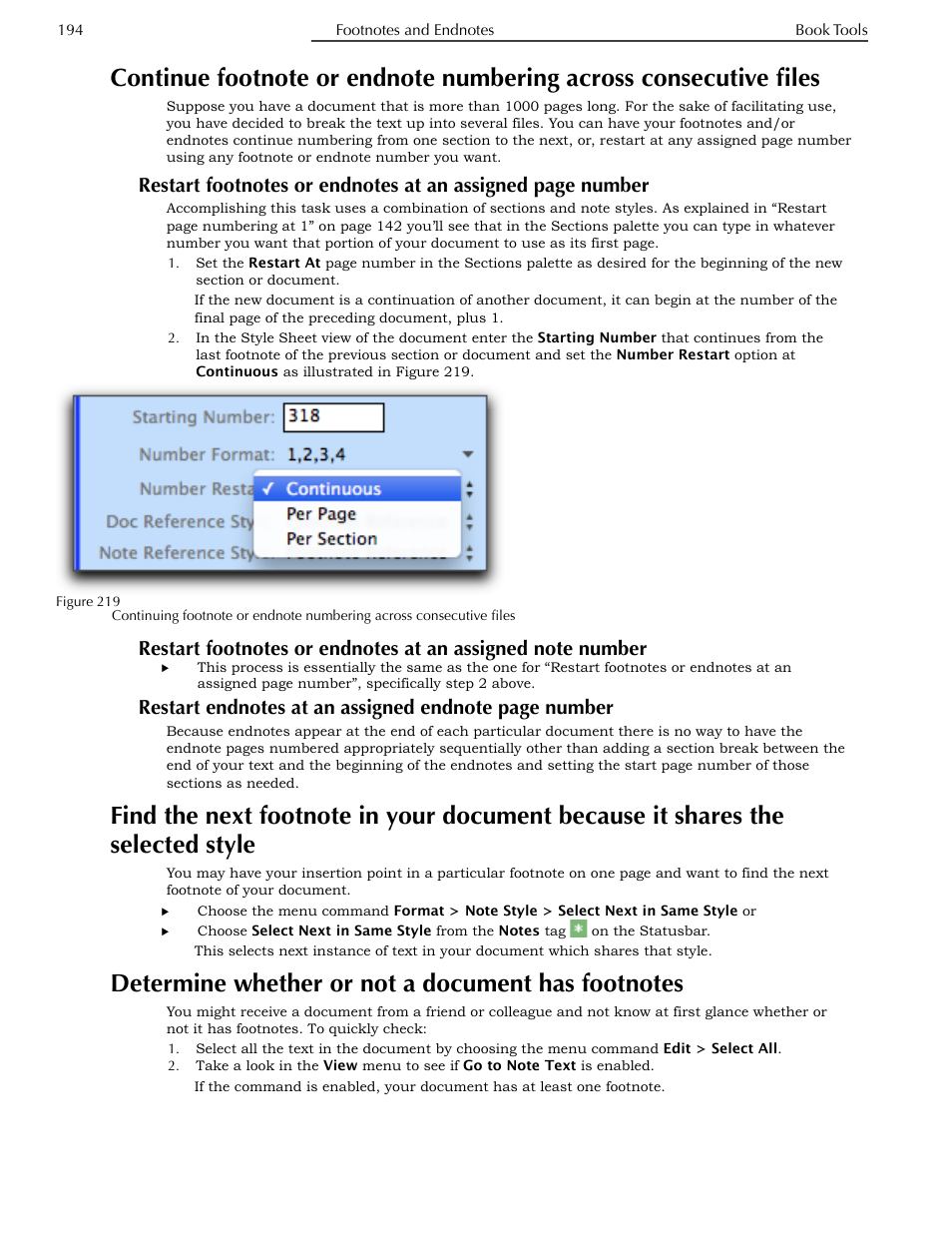 Determine whether or not a document has footnotes, Consecutive files, Number | It shares the selected style, Footnotes | Nisus Writer Pro User Manual | Page 214 / 525