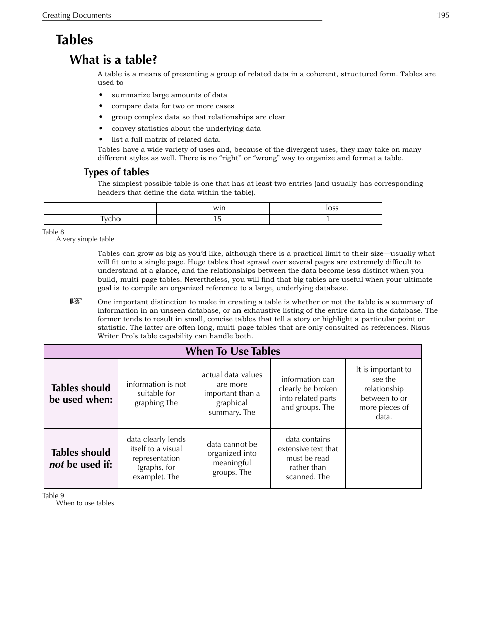Tables, What is a table, Types of tables | Ge 195, When to use tables | Nisus Writer Pro User Manual | Page 215 / 525