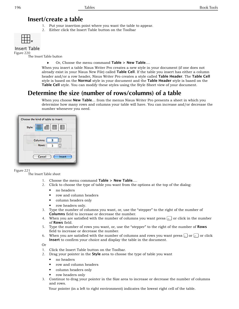 Insert/create a table, Table | Nisus Writer Pro User Manual | Page 216 / 525