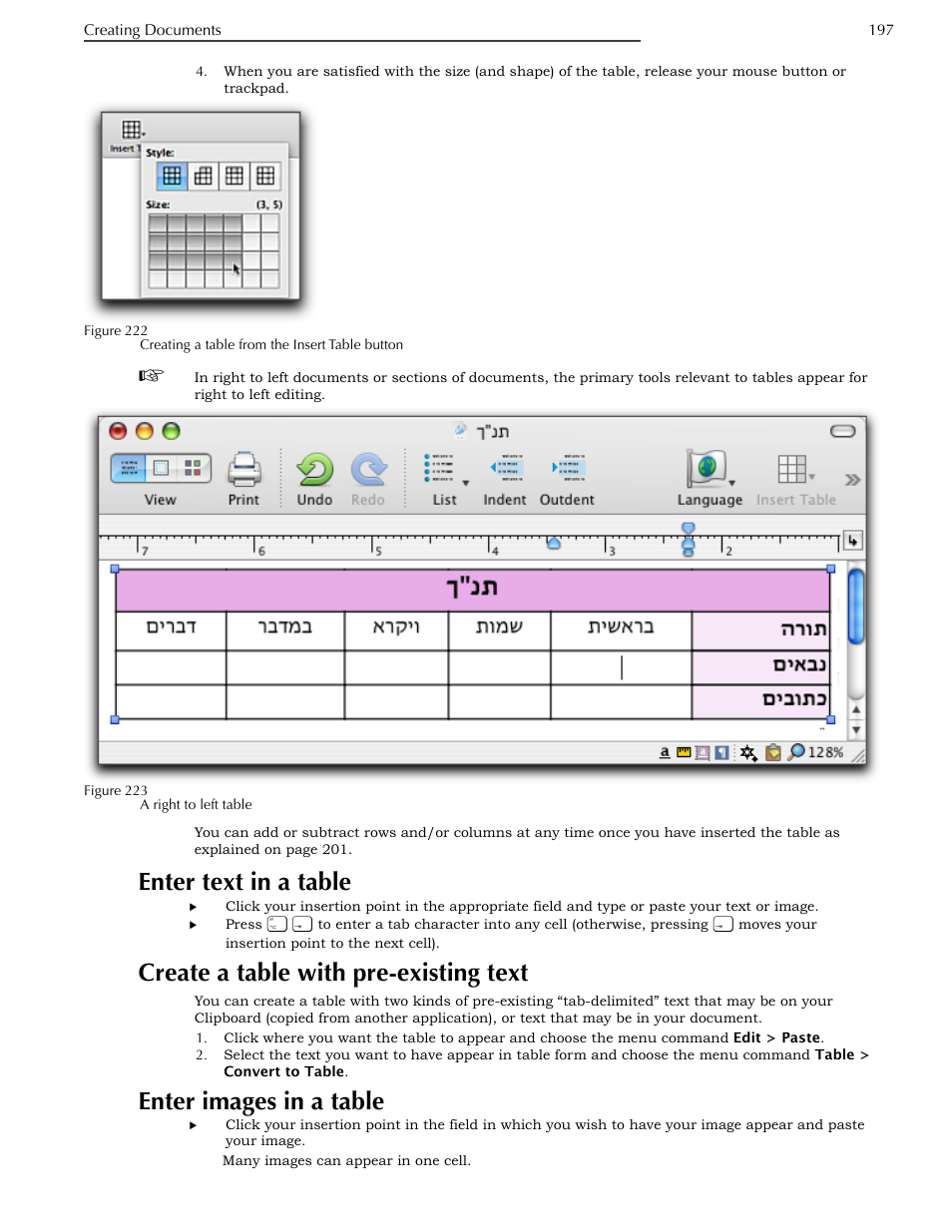 Enter text in a table, Create a table with pre-existing text, Enter images in a table | Nisus Writer Pro User Manual | Page 217 / 525