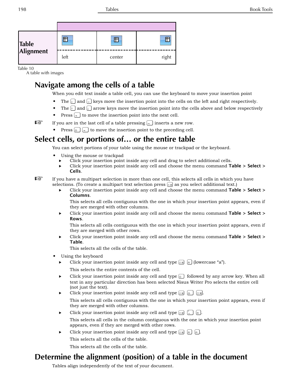 Navigate among the cells of a table, Select cells, or portions of… or the entire table, The document | Table alignment | Nisus Writer Pro User Manual | Page 218 / 525