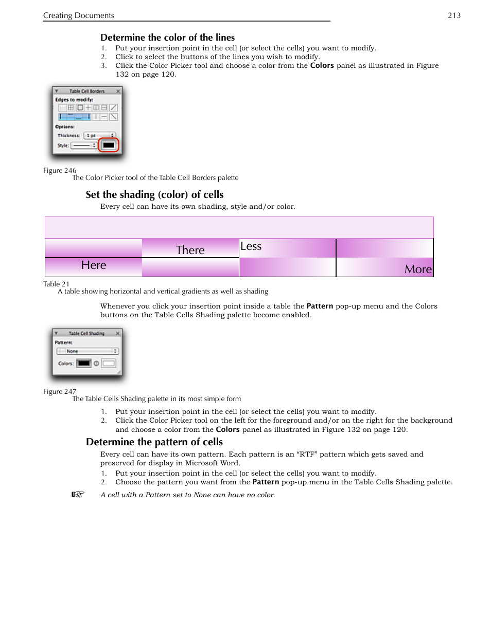 Determine the color of the lines, Et the shading (color) of cells, Determine the pattern of cells | Ges 213, Set the shading (color) of cells, Here there less more | Nisus Writer Pro User Manual | Page 233 / 525