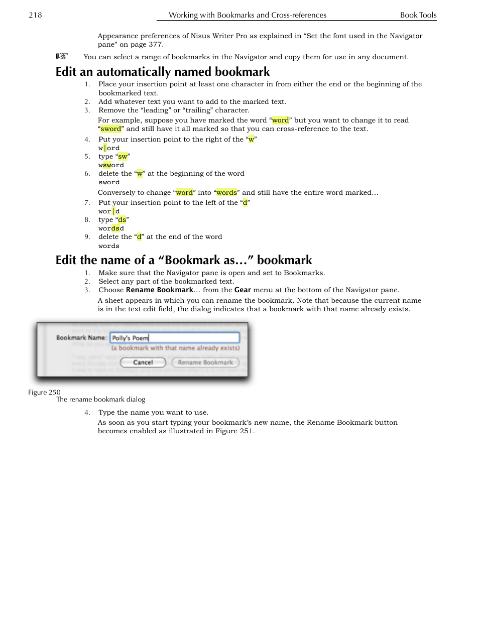 Edit an automatically named bookmark, Edit the name of a “bookmark as…” bookmark | Nisus Writer Pro User Manual | Page 238 / 525