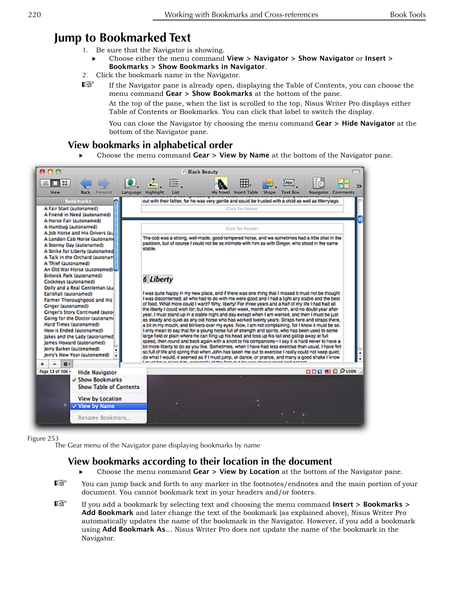 Jump to bookmarked text, View bookmarks in alphabetical order, Document | Nisus Writer Pro User Manual | Page 240 / 525