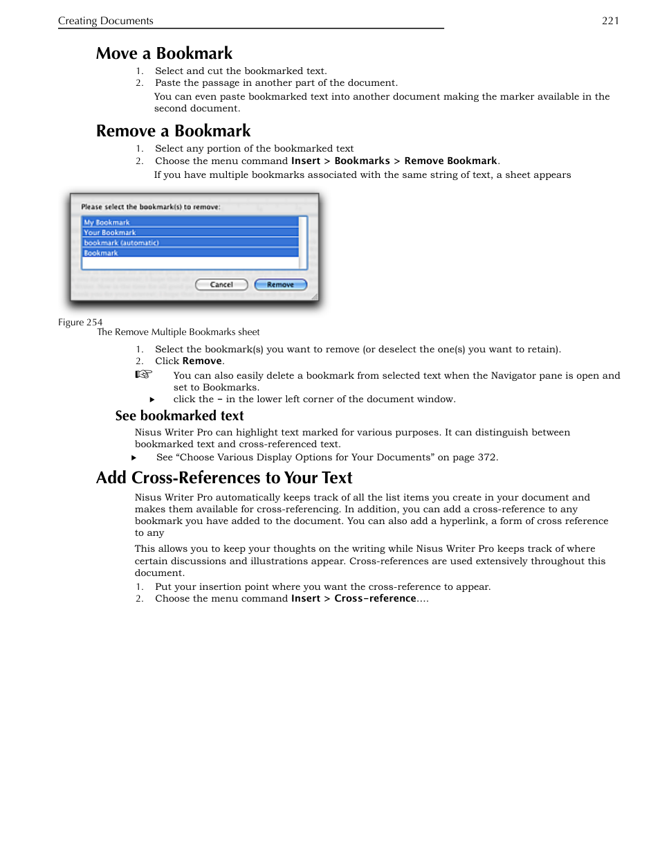 Move a bookmark, Remove a bookmark, See bookmarked text | Add cross-references to your text, Add cross- references to your text | Nisus Writer Pro User Manual | Page 241 / 525