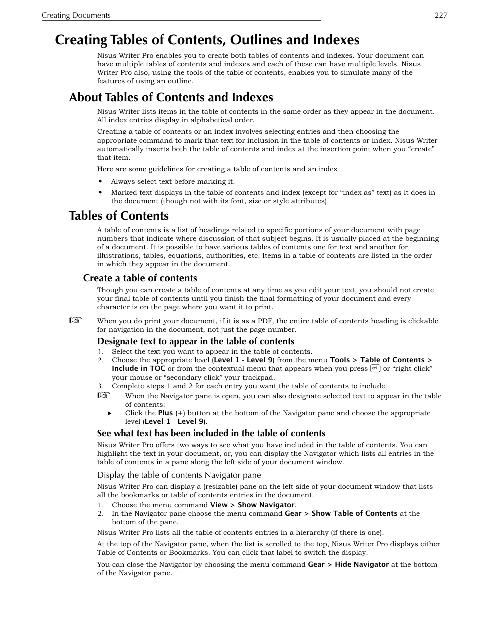 Creating tables of contents, outlines and indexes, About tables of contents and indexes, Tables of contents | Create a table of contents, Designate text to appear in the table of contents, Display the table of contents navigator pane, Indexes, Ge 227 | Nisus Writer Pro User Manual | Page 247 / 525