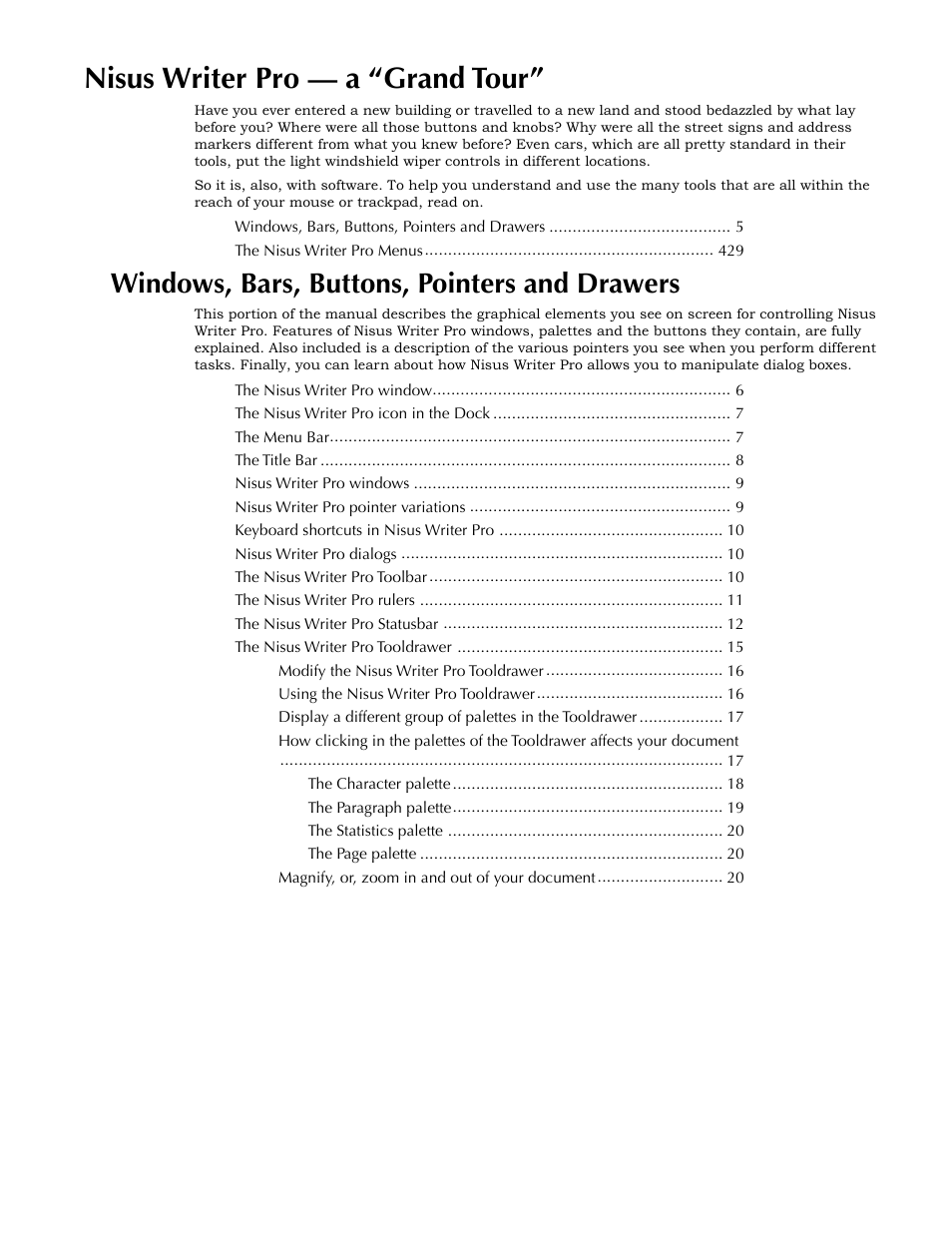 Nisus writer pro — a “grand tour, Windows, bars, buttons, pointers and drawers, Ge 5 | Nisus Writer Pro User Manual | Page 25 / 525