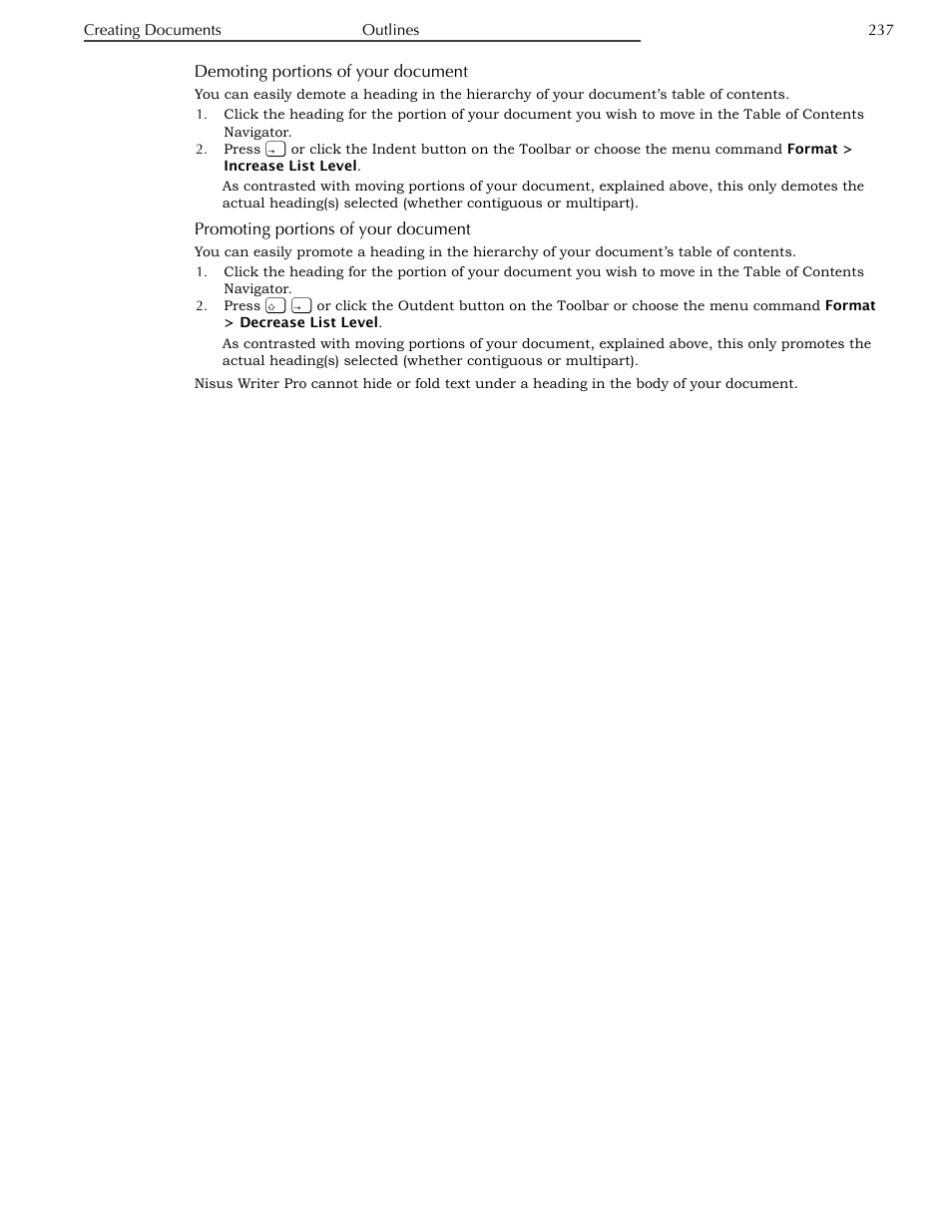 Demoting portions of your document, Promoting portions of your document | Nisus Writer Pro User Manual | Page 257 / 525
