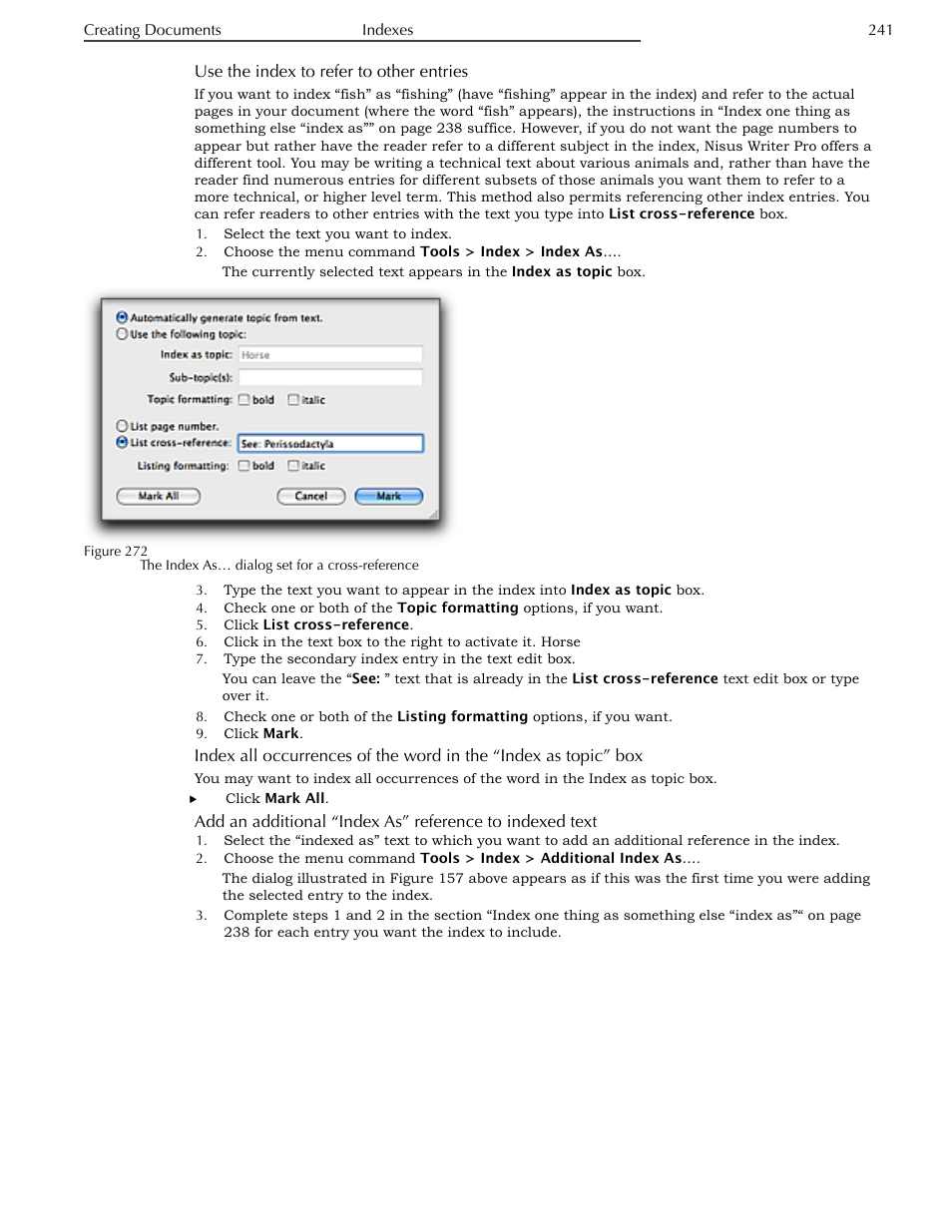 Use the index to refer to other entries, Topic” box, Text | Nisus Writer Pro User Manual | Page 261 / 525
