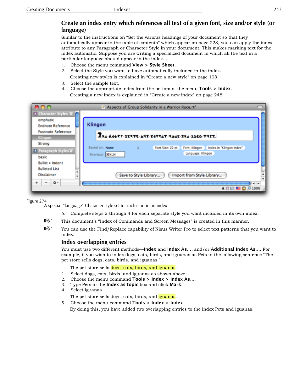 Index overlapping entries, Given font, size and/or style (or language), Ge 243 | Nisus Writer Pro User Manual | Page 263 / 525
