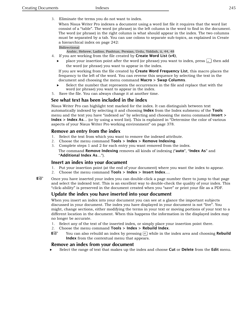 See what text has been included in the index, Remove an entry from the index, Insert an index into your document | Remove an index from your document | Nisus Writer Pro User Manual | Page 265 / 525