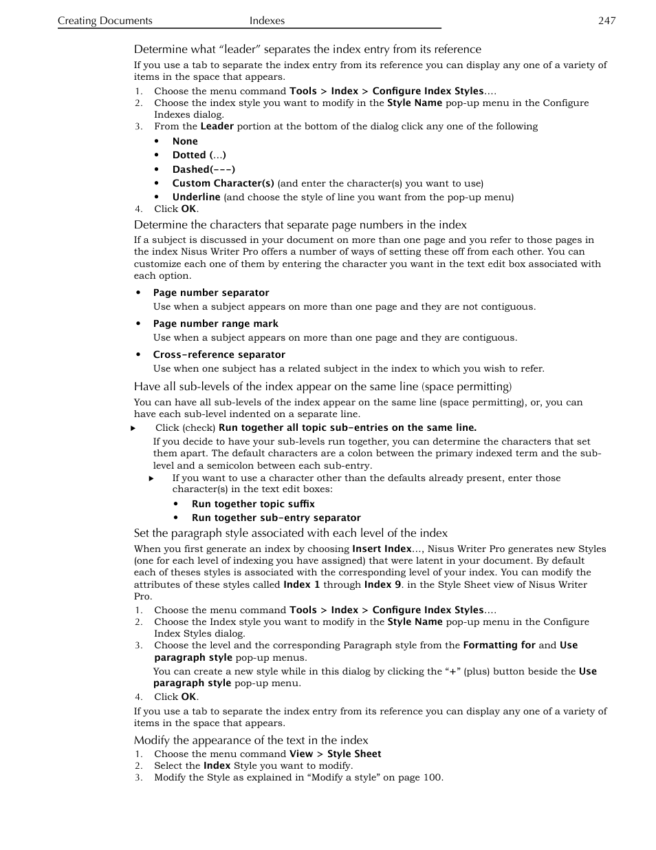 Modify the appearance of the text in the index, From its reference, Numbers in the index | Line (space permitting), The index, Modify the appearance of the text in the index 247 | Nisus Writer Pro User Manual | Page 267 / 525