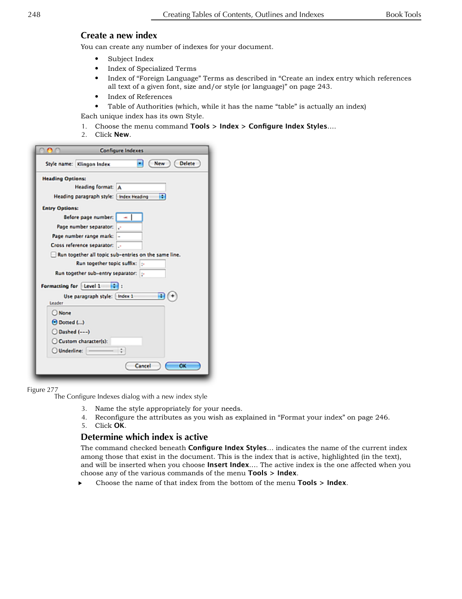 Create a new index, Determine which index is active | Nisus Writer Pro User Manual | Page 268 / 525