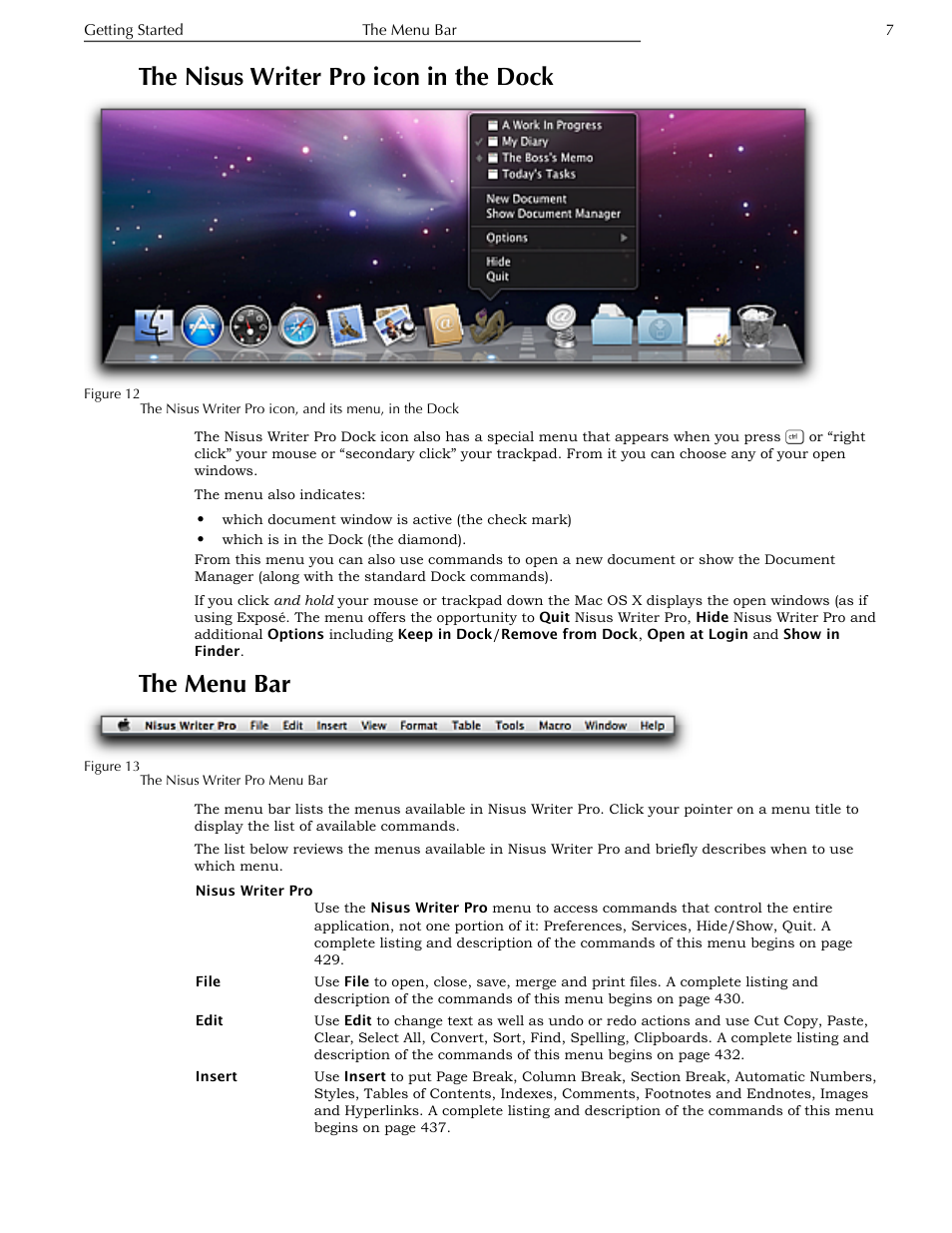 The nisus writer pro icon in the dock, The menu bar, Nisus writer pro icon in the dock | Ge 7 | Nisus Writer Pro User Manual | Page 27 / 525