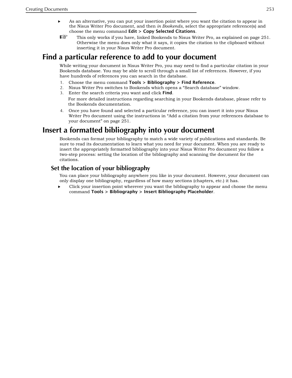 Insert a formatted bibliography into your document, Set the location of your bibliography, Document | Nisus Writer Pro User Manual | Page 273 / 525