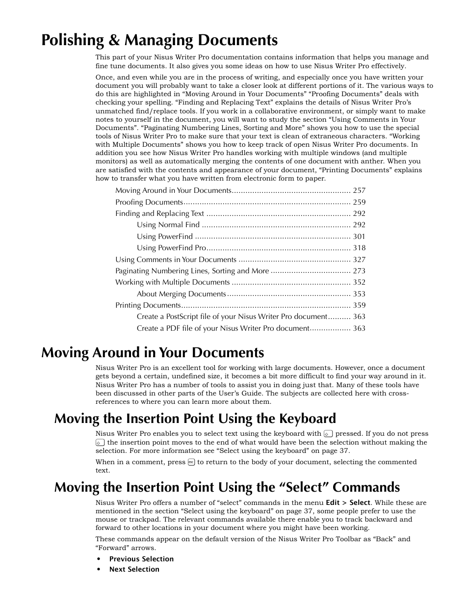 Polishing & managing documents, Moving around in your documents, Moving the insertion point using the keyboard | Commands | Nisus Writer Pro User Manual | Page 277 / 525