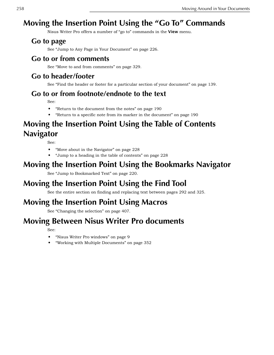 Go to or from comments, Go to header/footer, Go to or from footnote/endnote to the text | Moving the insertion point using the find tool, Moving the insertion point using macros, Moving between nisus writer pro documents, Commands, Contents navigator, Bookmarks navigator, Go to page | Nisus Writer Pro User Manual | Page 278 / 525