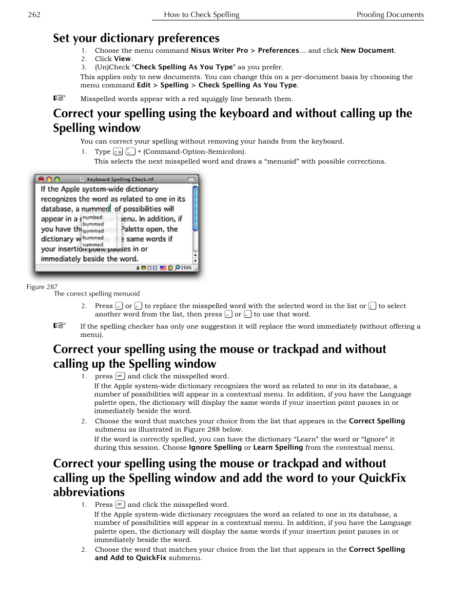 Set your dictionary preferences, Without calling up the spelling window, And without calling up the spelling window 262 | Add the word to your quickfix abbreviations 262 | Nisus Writer Pro User Manual | Page 282 / 525