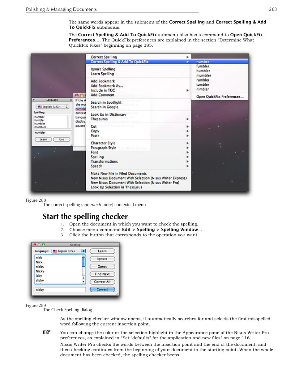 Start the spelling checker | Nisus Writer Pro User Manual | Page 283 / 525
