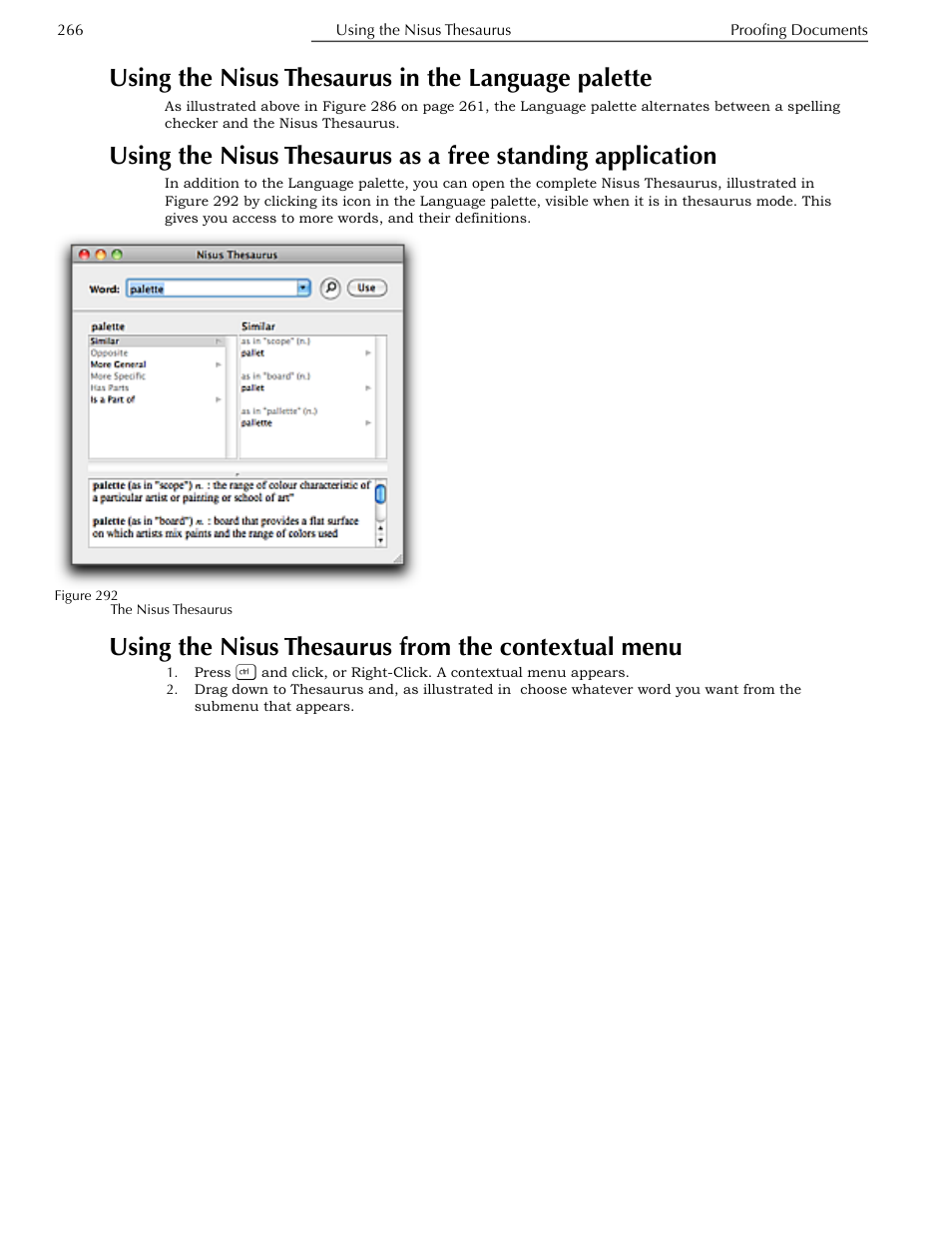 Using the nisus thesaurus in the language palette, Using the nisus thesaurus from the contextual menu, Application | Menu | Nisus Writer Pro User Manual | Page 286 / 525