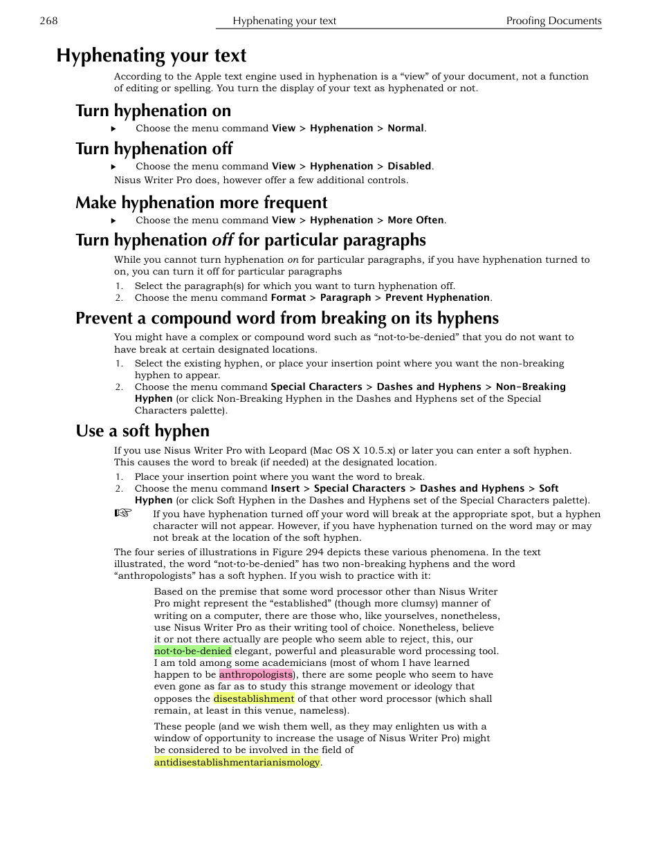 Hyphenating your text, Turn hyphenation on, Turn hyphenation off | Make hyphenation more frequent, Turn hyphenation off for particular paragraphs, Use a soft hyphen, Hyphens | Nisus Writer Pro User Manual | Page 288 / 525