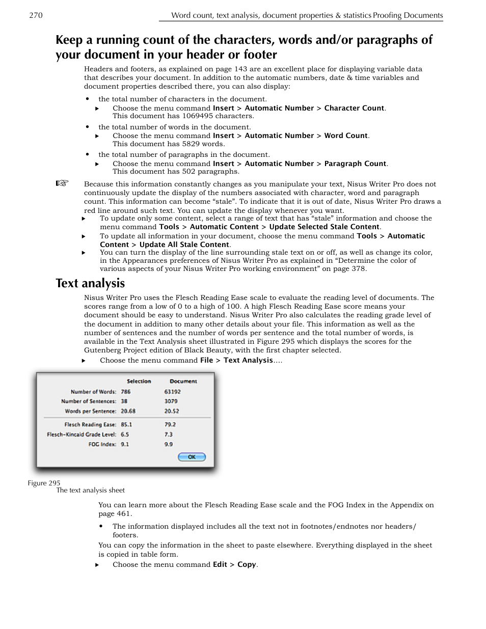 Text analysis, Header or footer | Nisus Writer Pro User Manual | Page 290 / 525