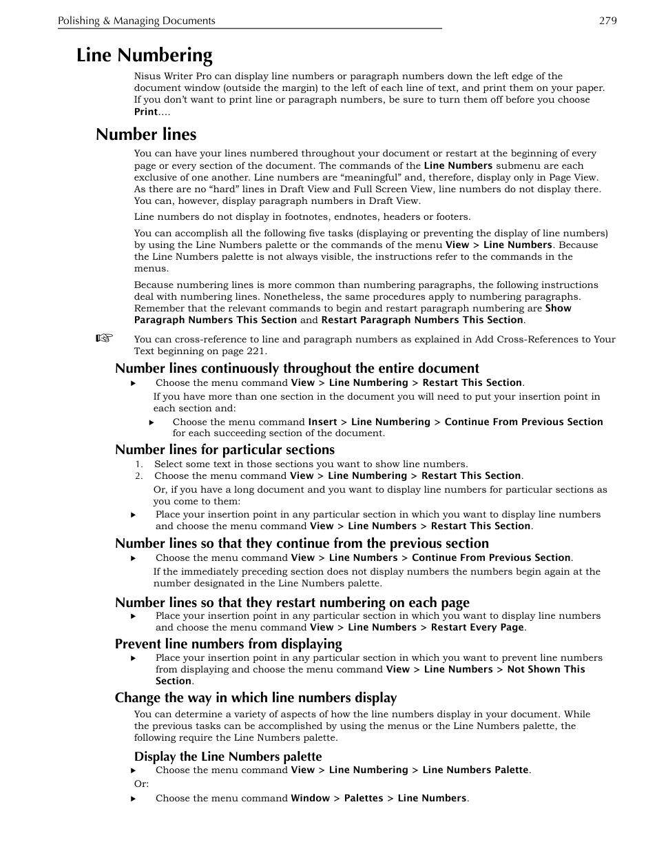 Line numbering, Number lines, Number lines for particular sections | Prevent line numbers from displaying, Change the way in which line numbers display, Display the line numbers palette, Document, Previous section, Change the way in which line numbers display 279 | Nisus Writer Pro User Manual | Page 299 / 525
