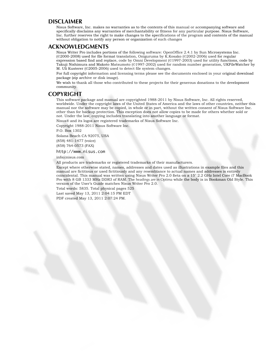 Disclaimer, Acknowledgments, Copyright | Nisus Writer Pro User Manual | Page 3 / 525