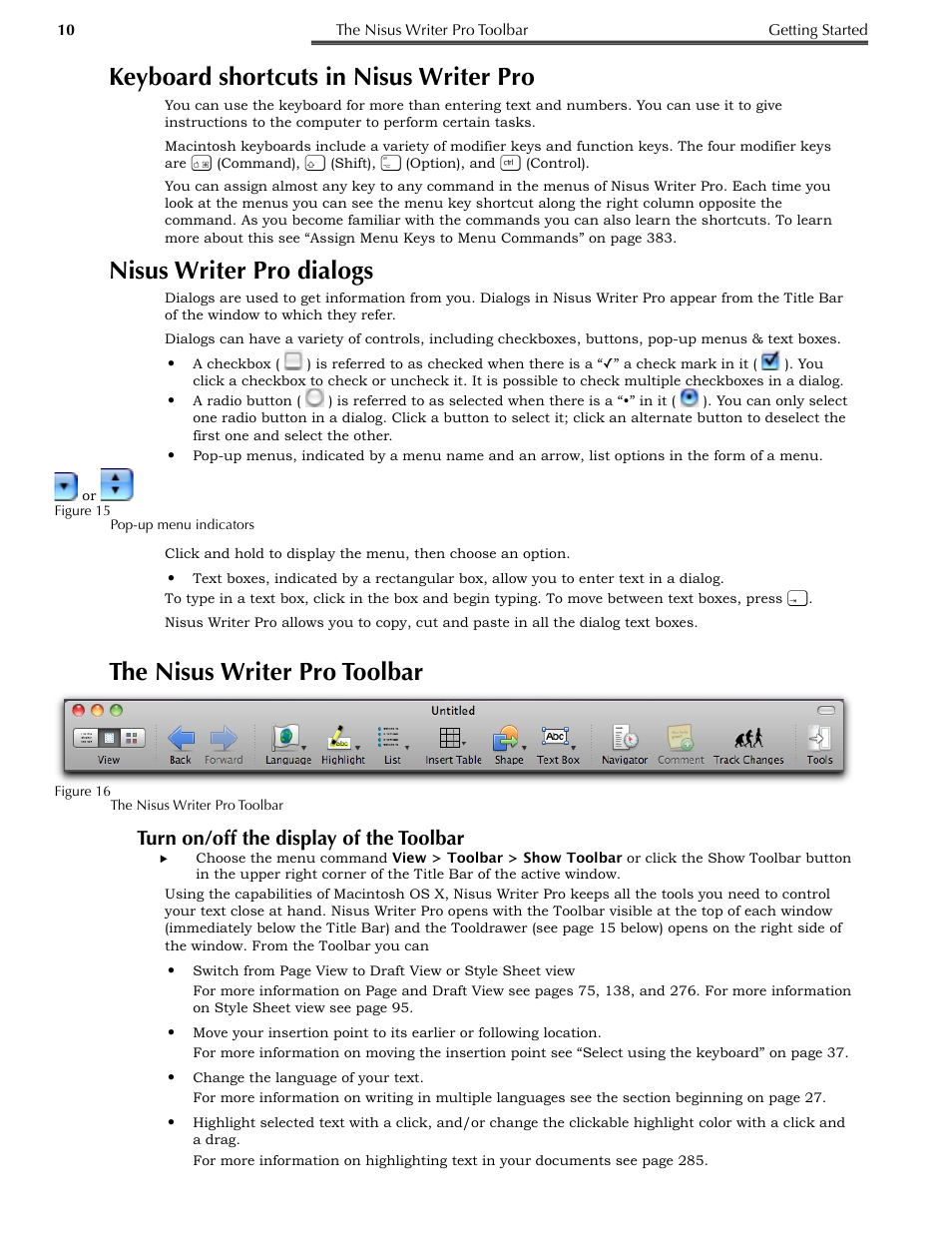 Keyboard shortcuts in nisus writer pro, Nisus writer pro dialogs, The nisus writer pro toolbar | Turn on/off the display of the toolbar | Nisus Writer Pro User Manual | Page 30 / 525