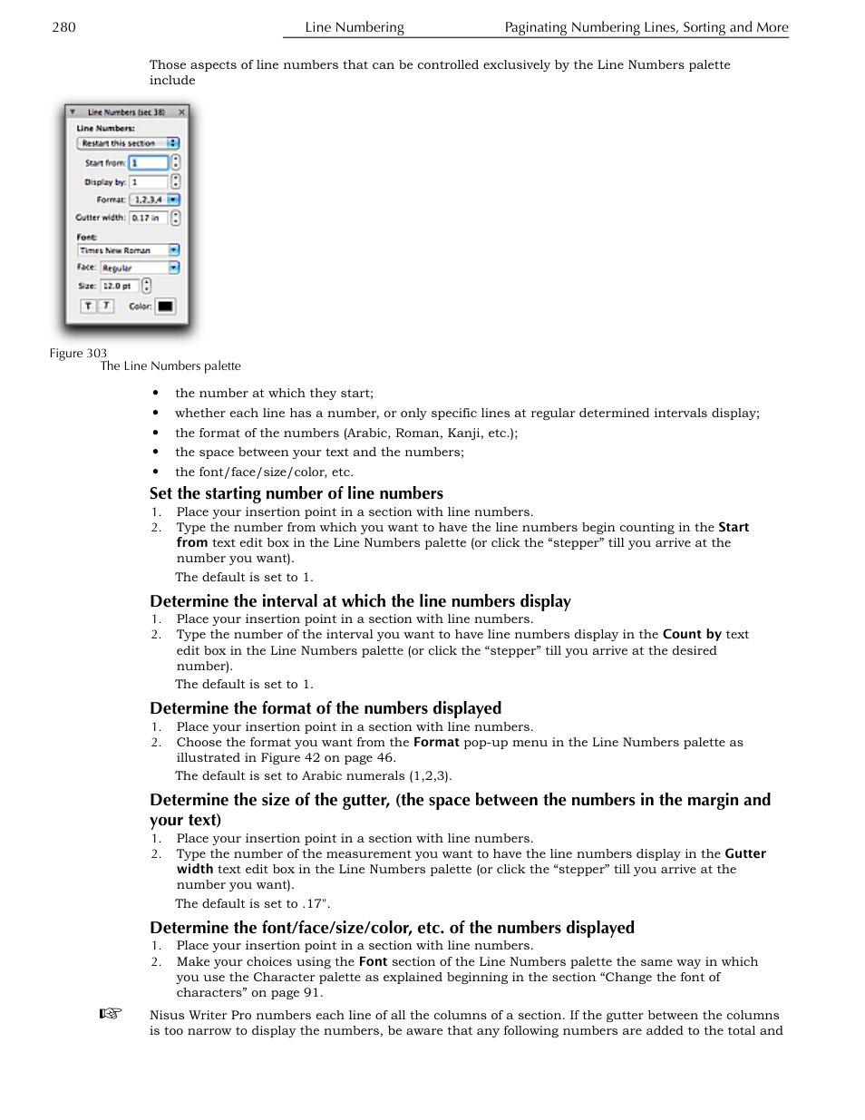 Set the starting number of line numbers, Determine the format of the numbers displayed, Display | Numbers in the margin and your text), Displayed | Nisus Writer Pro User Manual | Page 300 / 525