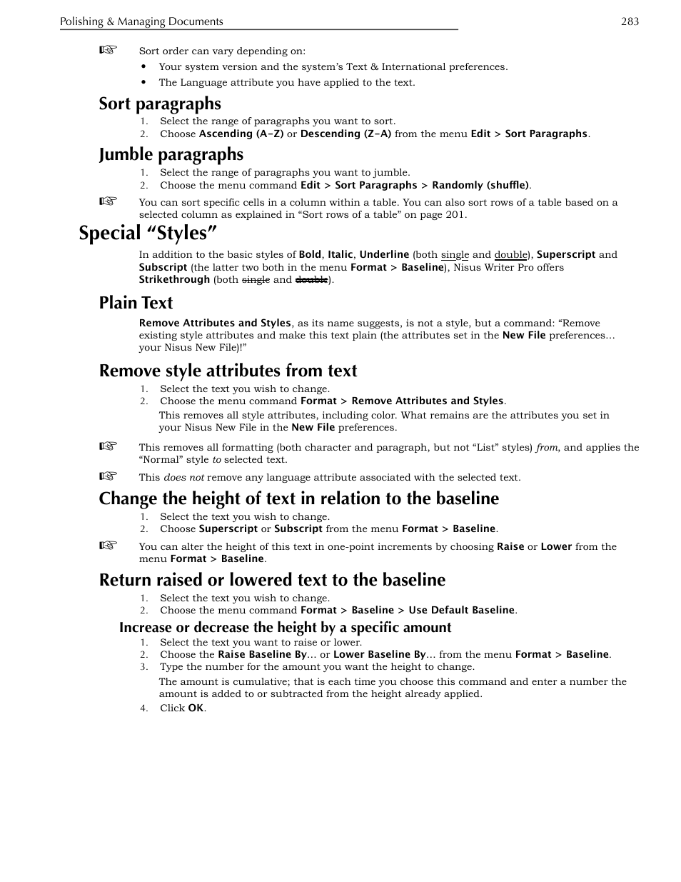Sort paragraphs, Jumble paragraphs, Special “styles | Plain text, Remove style attributes from text, Return raised or lowered text to the baseline, Baseline, Return raised or lowered text to the baseline 283, Ge 283 | Nisus Writer Pro User Manual | Page 303 / 525