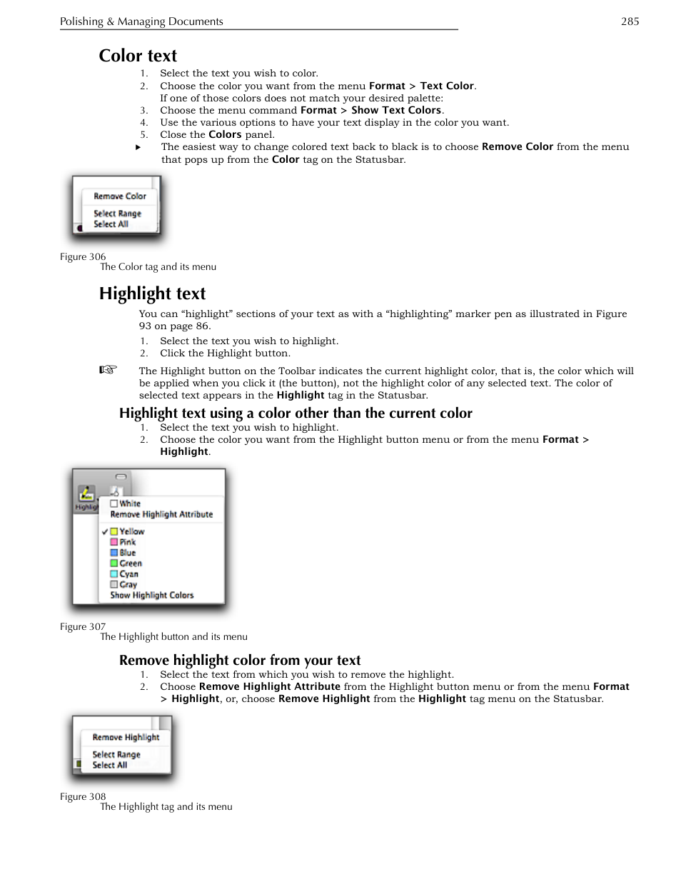 Color text, Highlight text, Remove highlight color from your text | Color, Ge 285 | Nisus Writer Pro User Manual | Page 305 / 525