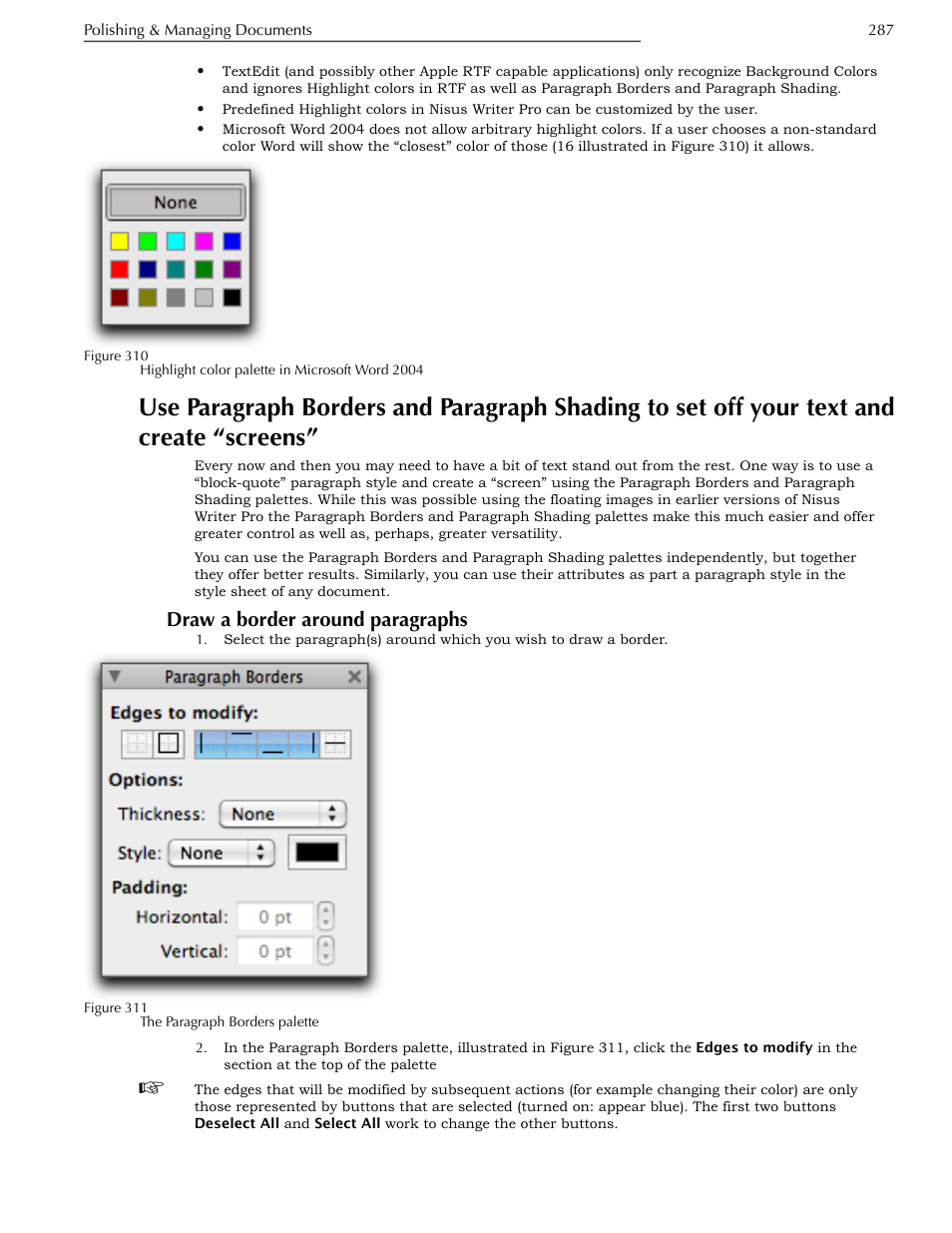 Draw a border around paragraphs, Set off your text and create “screens, Ge 287 | Nisus Writer Pro User Manual | Page 307 / 525