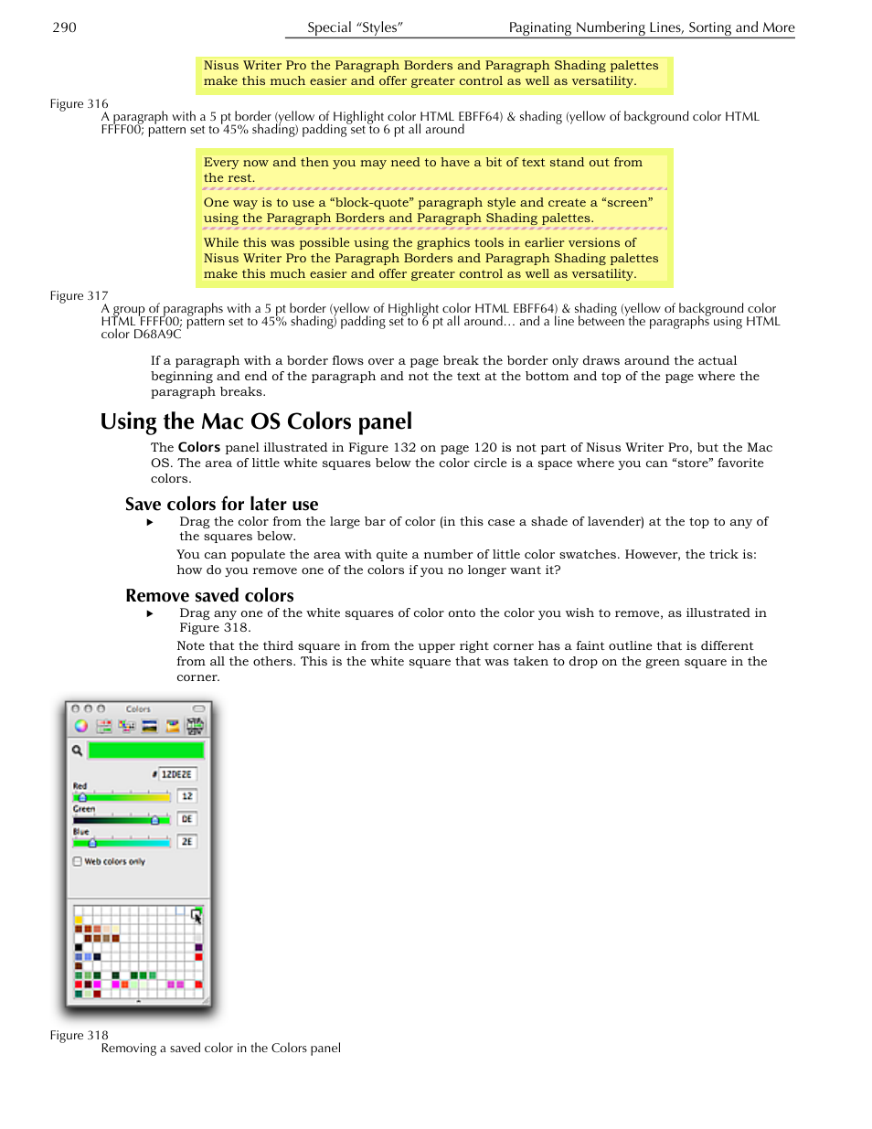 Using the mac os colors panel, Save colors for later use, Remove saved colors | Nisus Writer Pro User Manual | Page 310 / 525