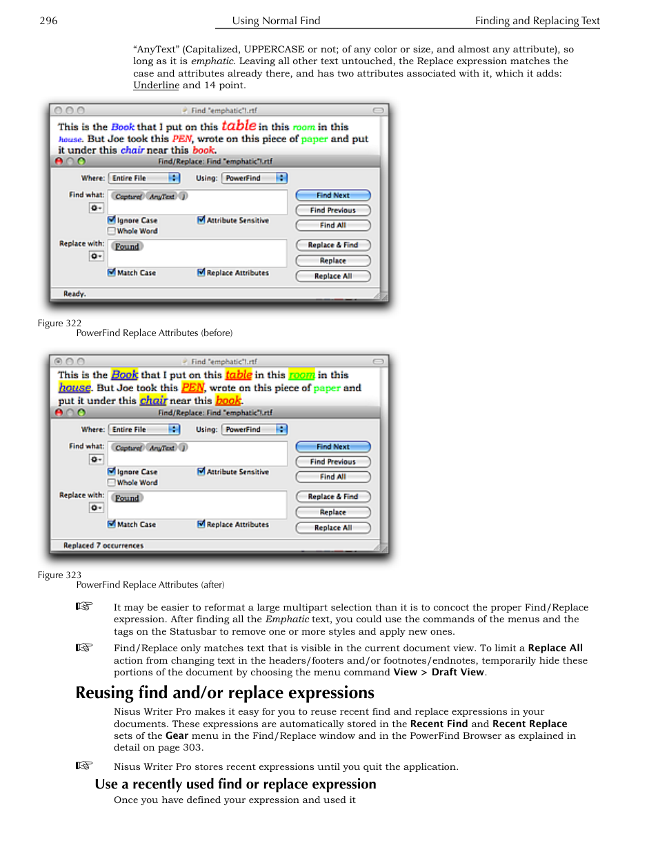 Reusing find and/or replace expressions, Use a recently used find or replace expression, Use a recently used find or replace expression 296 | Figure 322 and figure 323 | Nisus Writer Pro User Manual | Page 316 / 525