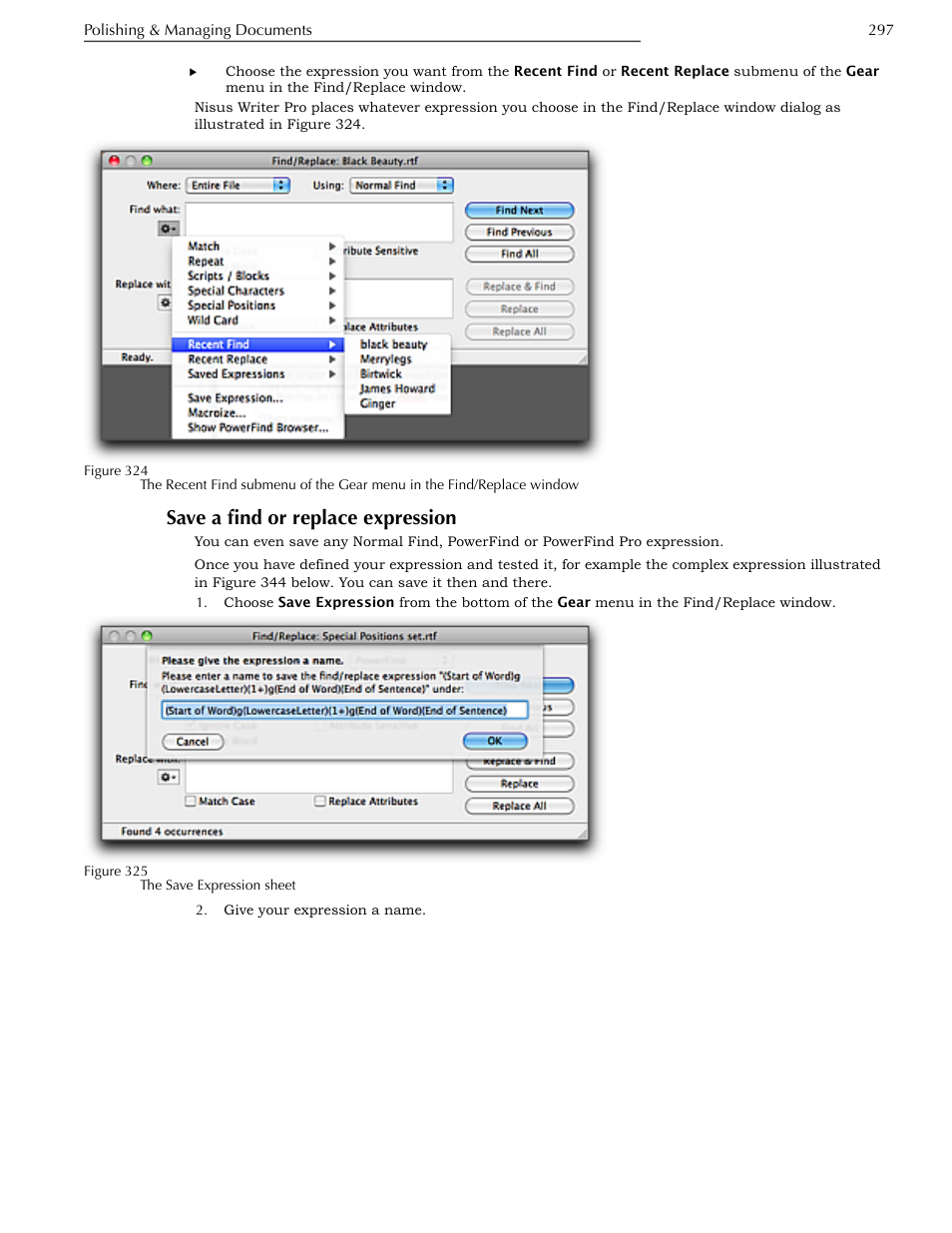 Save a find or replace expression | Nisus Writer Pro User Manual | Page 317 / 525